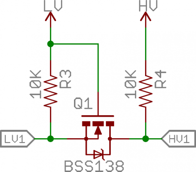 bidirectional BSS138 voltage level shifter<br />(image courtesy sparkfun)